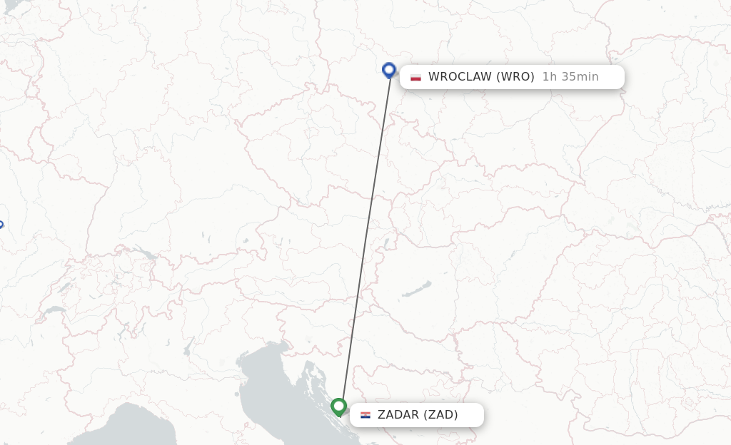 Flights from Zadar to Wroclaw route map