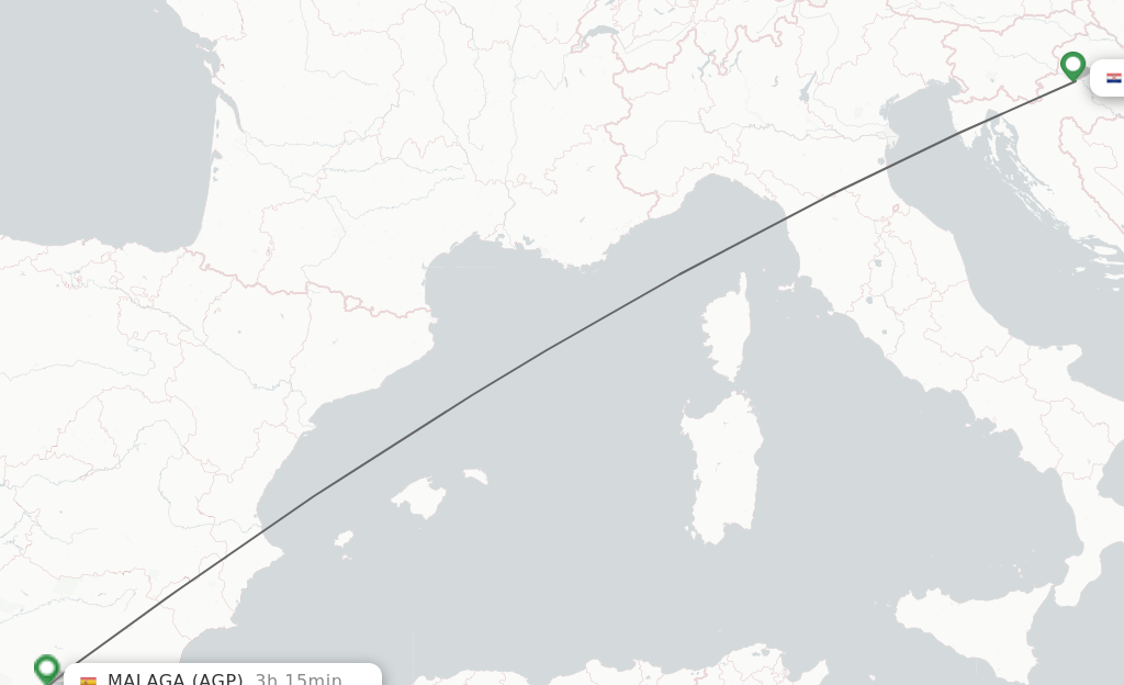Flights from Zagreb to Malaga route map
