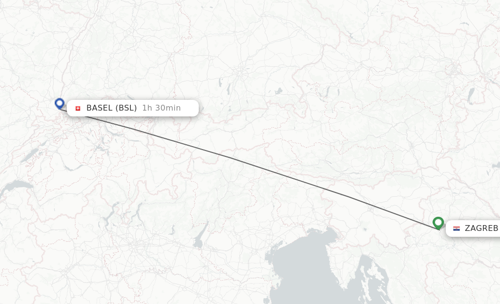 Flights from Zagreb to Basel, Switzerland/Mulhouse route map