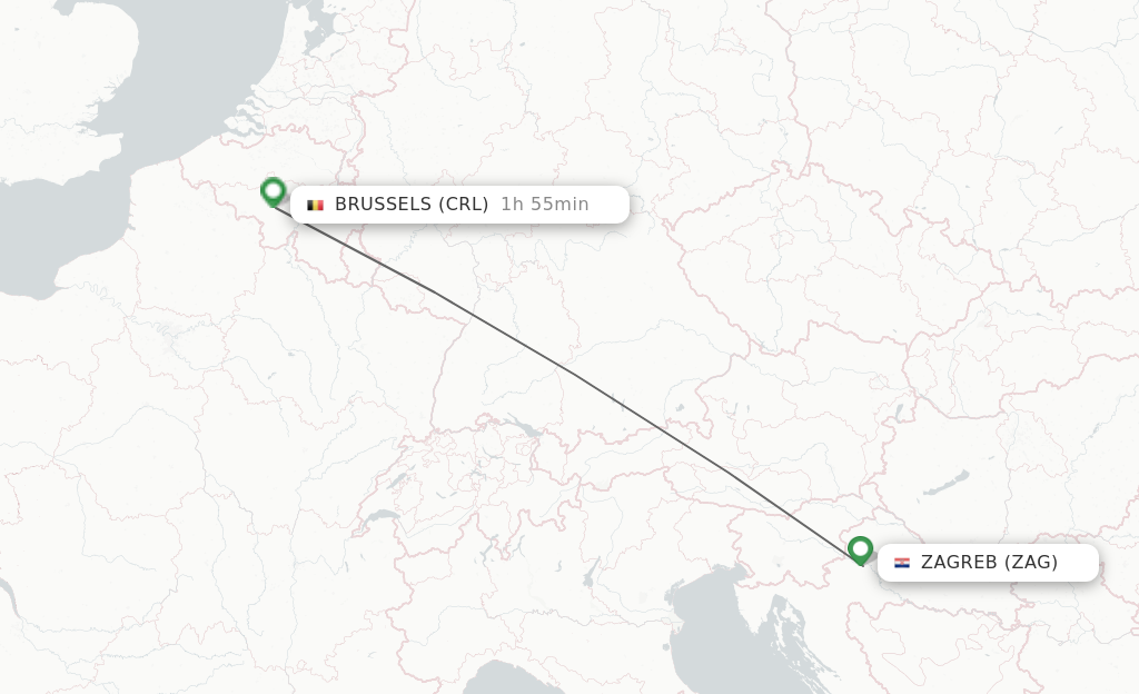 Flights from Zagreb to Brussels route map