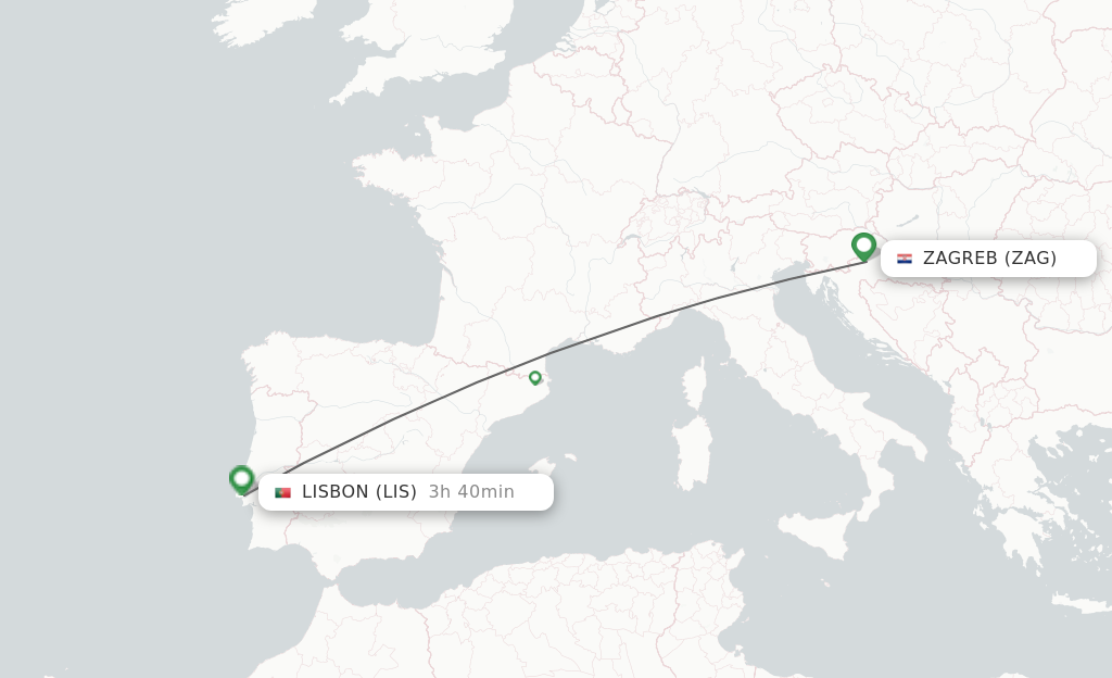 Flights from Zagreb to Lisbon route map