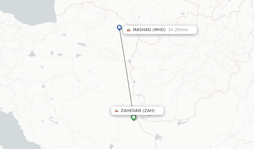 Flights from Zahedan to Mashad route map