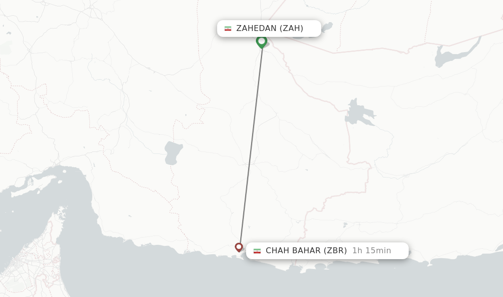 Flights from Zahedan to Chah Bahar route map
