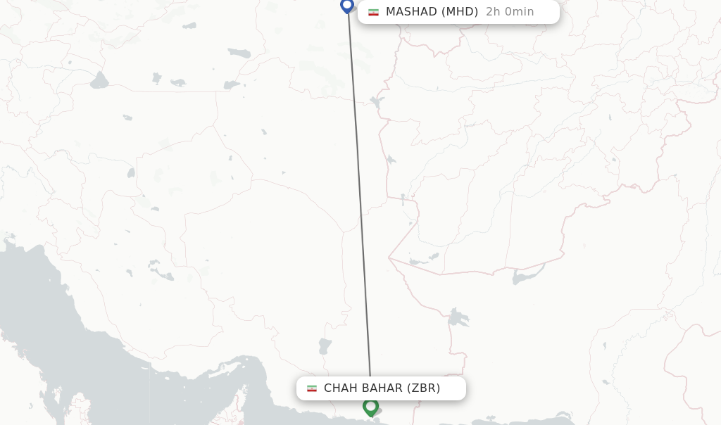 Flights from Chah Bahar to Mashad route map