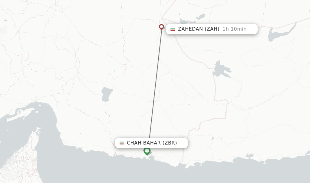 Flights from Chah Bahar to Zahedan route map