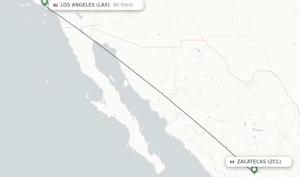 Flights from Zacatecas to Los Angeles route map