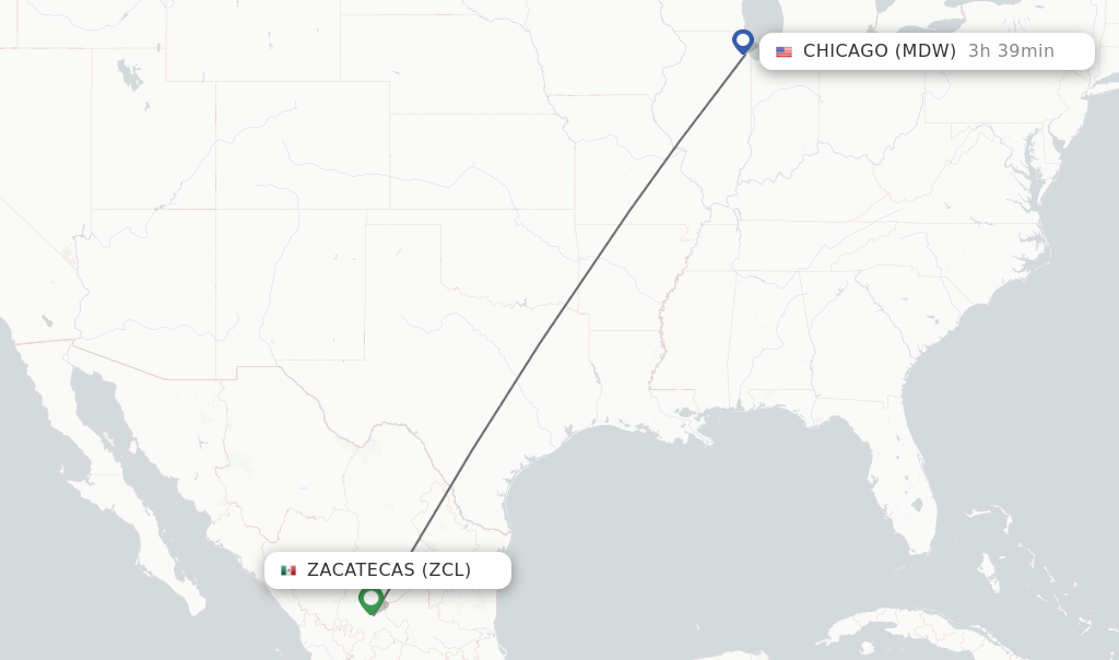 Flights from Zacatecas to Chicago route map