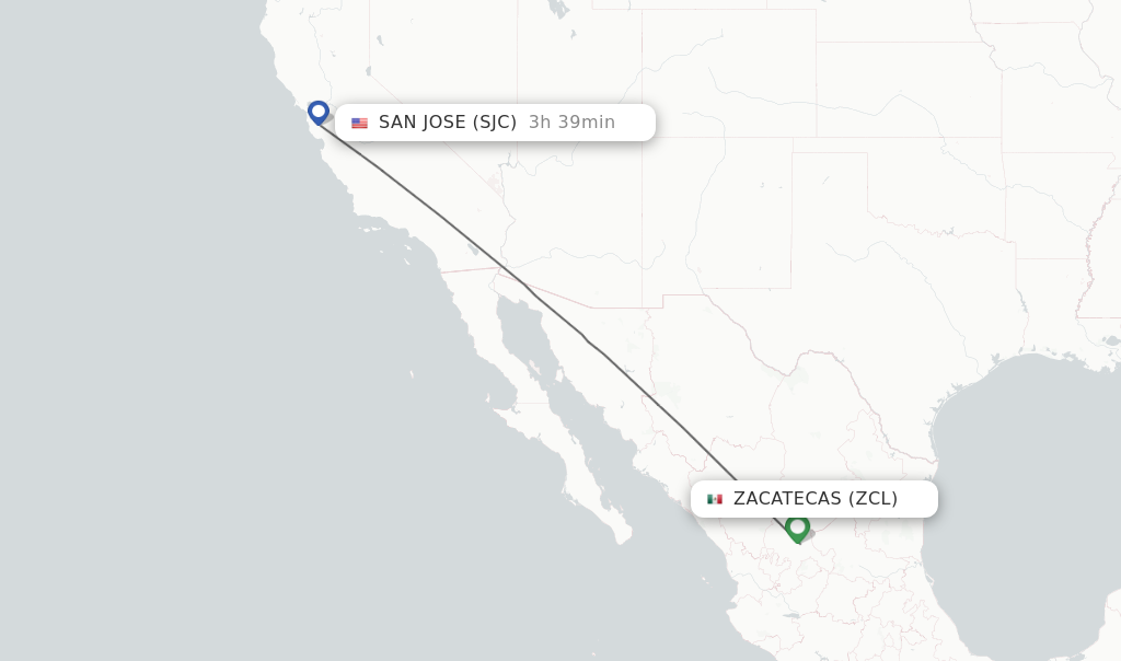 Flights from Zacatecas to San Jose route map