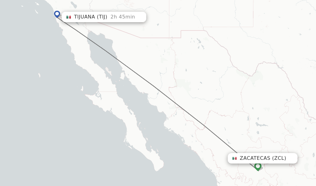 Flights from Zacatecas to Tijuana route map