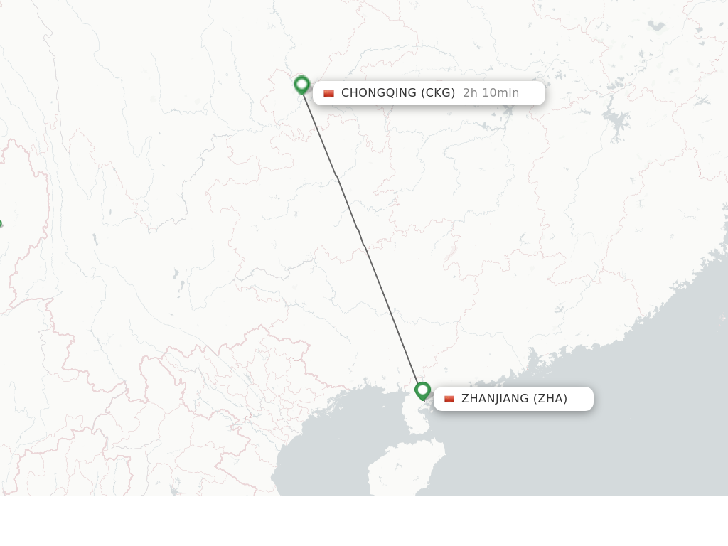 Flights from Zhanjiang to Chongqing route map