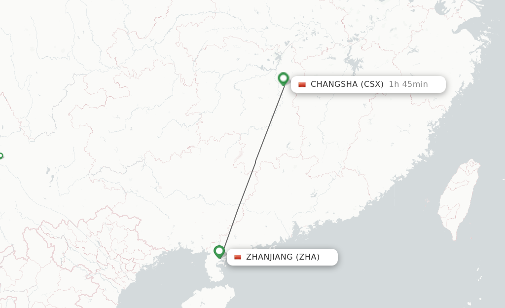 Flights from Zhanjiang to Changsha route map