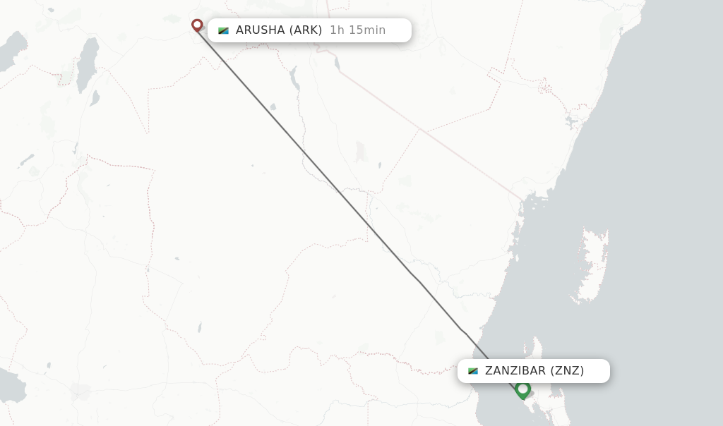 Flights from Zanzibar to Arusha route map