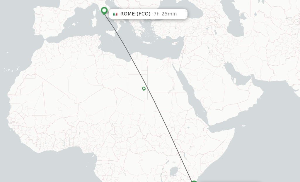 Flights from Zanzibar to Rome route map