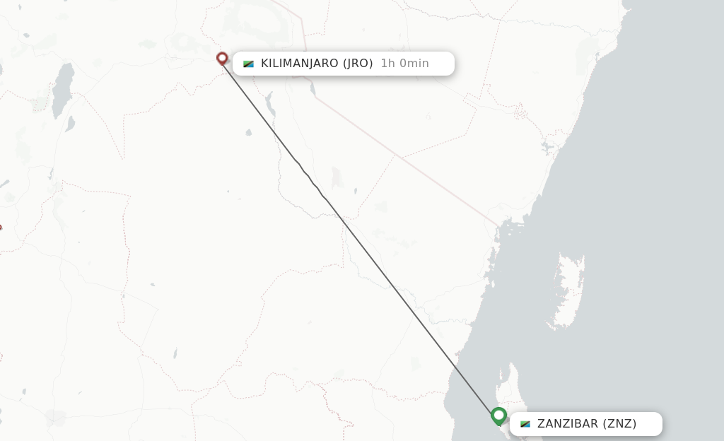 Flights from Zanzibar to Kilimanjaro route map