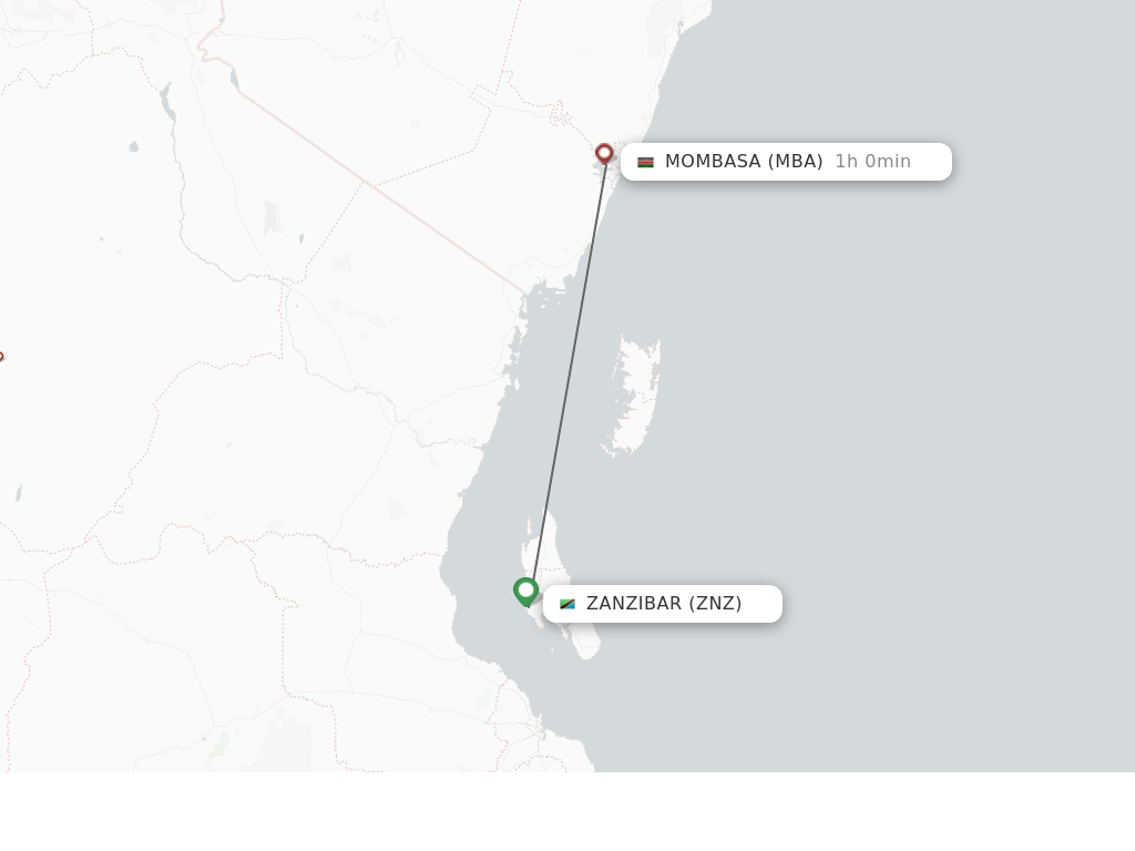 Flights from Zanzibar to Mombasa route map