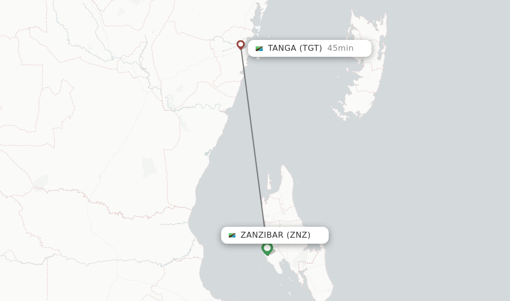 Flights from Zanzibar to Tanga route map
