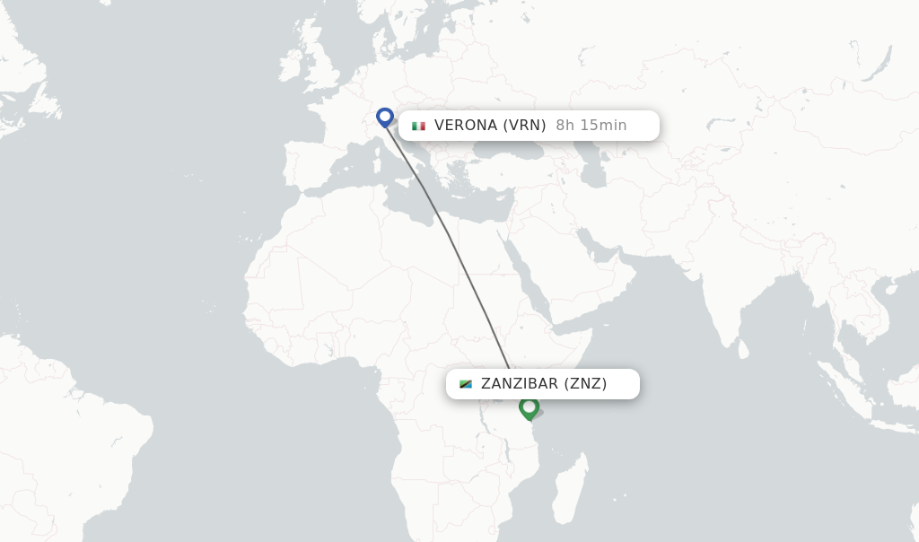 Flights from Zanzibar to Verona route map
