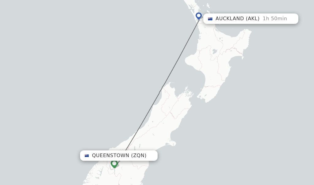 Flights from Queenstown to Auckland route map