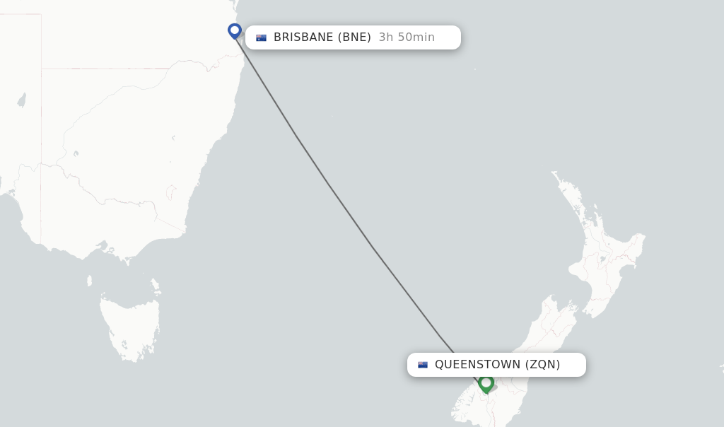 Flights from Queenstown to Brisbane route map