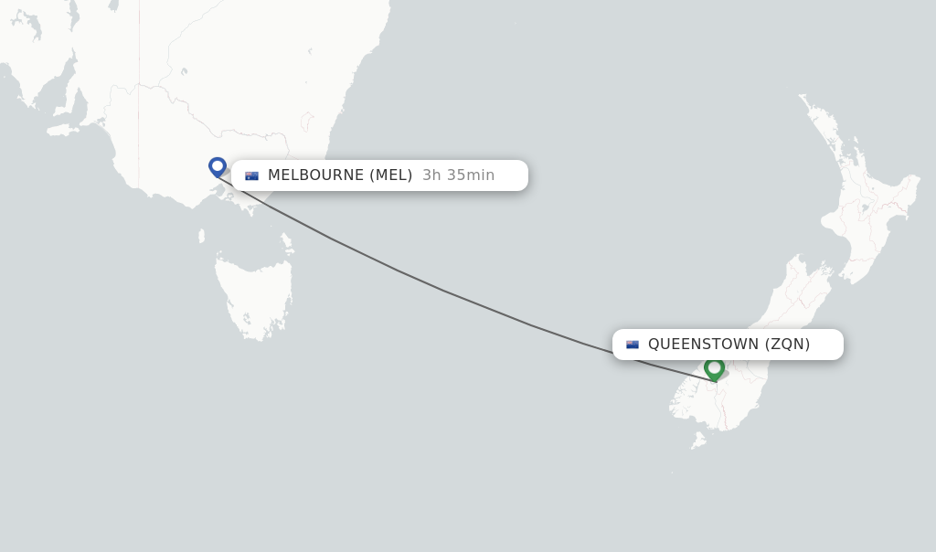 Flights from Queenstown to Melbourne route map