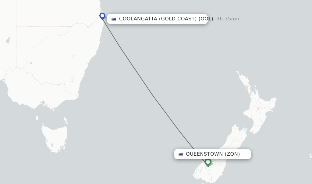 Flights from Queenstown to Coolangatta (Gold Coast) route map