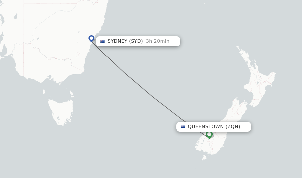 Flights from Queenstown to Sydney route map