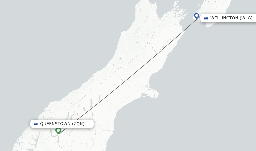 Flights from Queenstown to Wellington route map