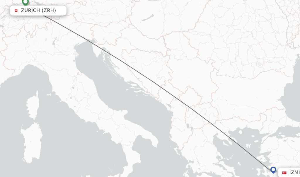 Flights from Zurich to Izmir route map