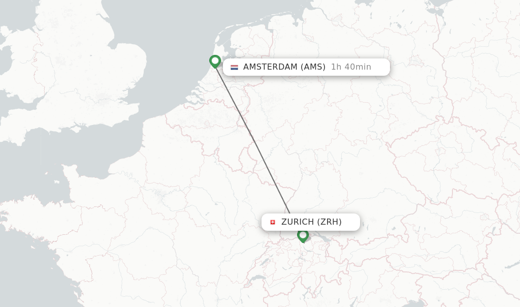 Flights from Zurich to Amsterdam route map