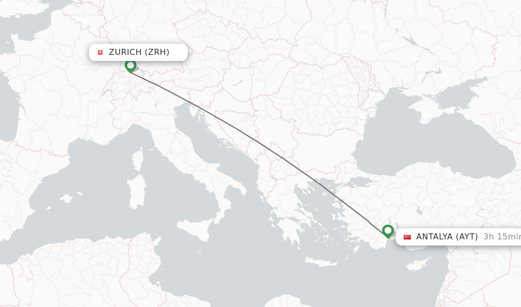 Flights from Zurich to Antalya route map