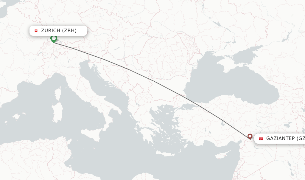 Flights from Zurich to Gaziantep route map