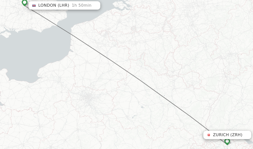 Flights from Zurich to London route map