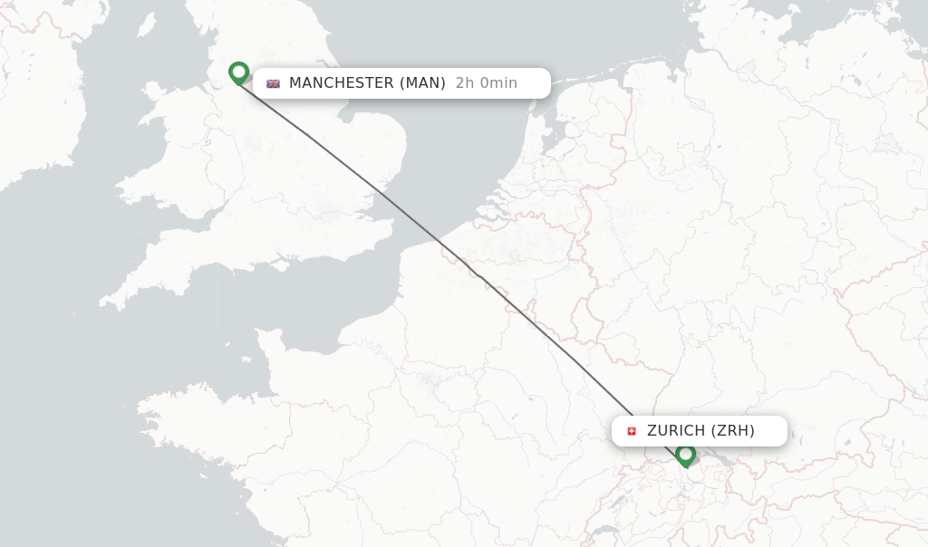 Flights from Zurich to Manchester route map