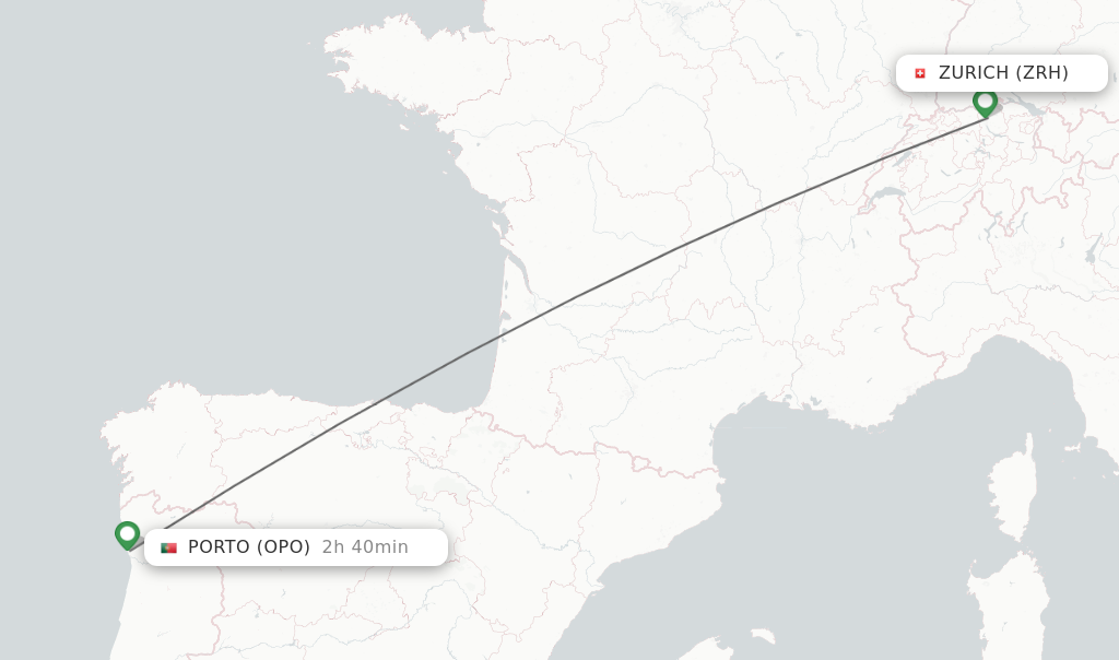 Flights from Zurich to Porto route map