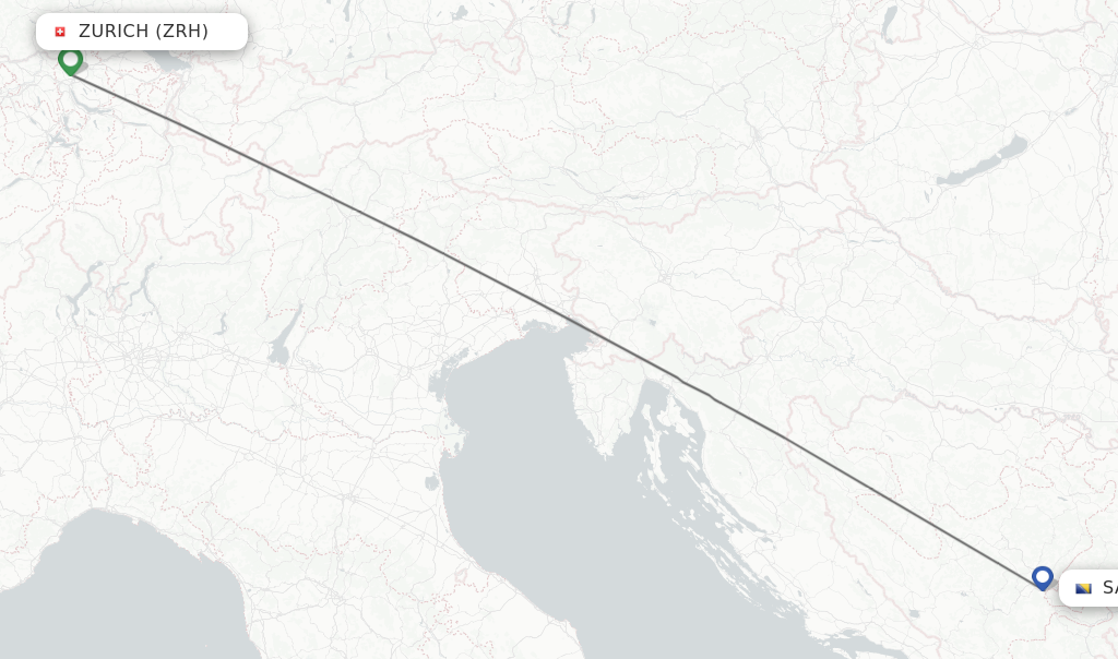 Flights from Zurich to Sarajevo route map