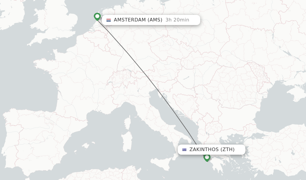 Flights from Zakinthos to Amsterdam route map