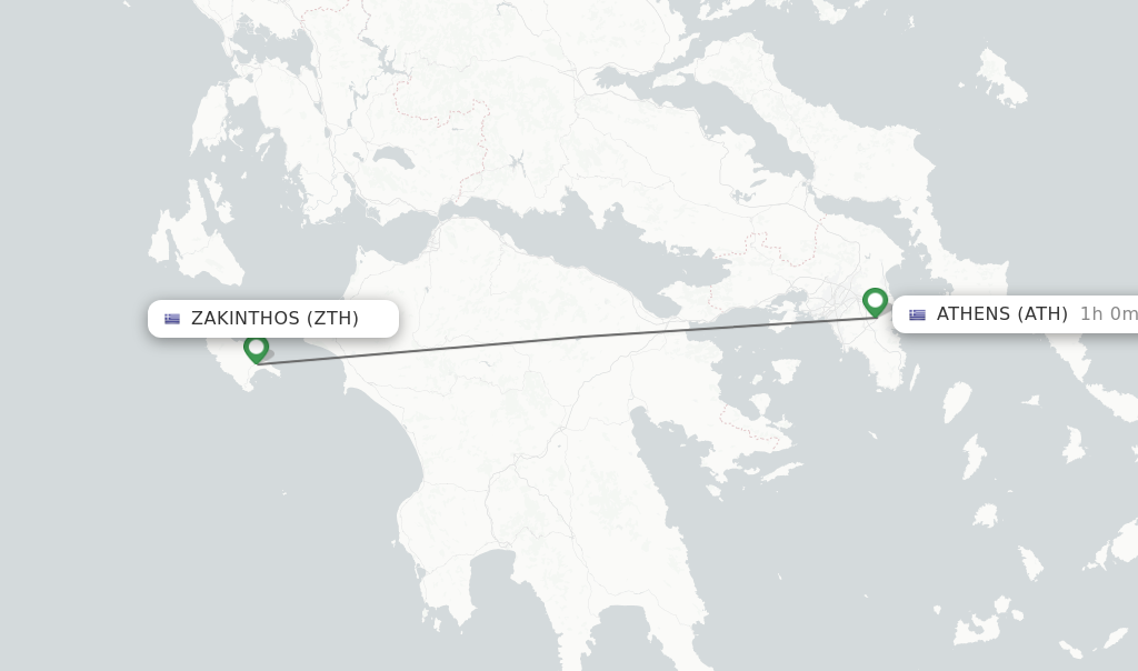 Flights from Zakinthos to Athens route map