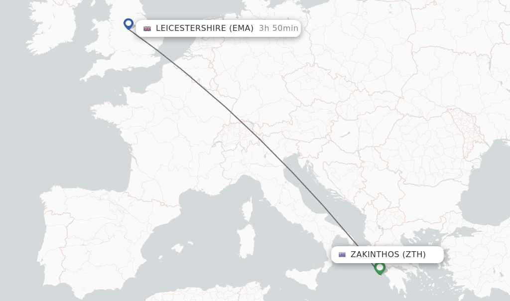 Flights from Zakinthos to Leicestershire route map