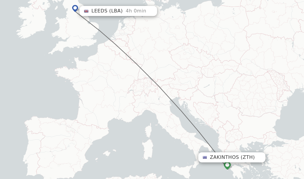 Flights from Zakinthos to Leeds route map
