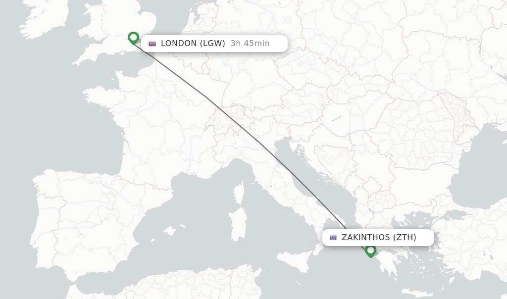 Flights from Zakinthos to London route map