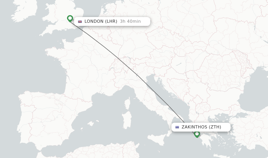 Flights from Zakinthos to London route map