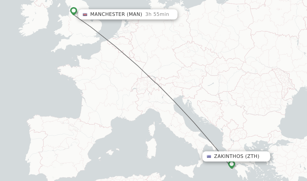 Flights from Zakinthos to Manchester route map
