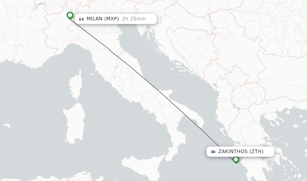 Flights from Zakinthos to Milan route map