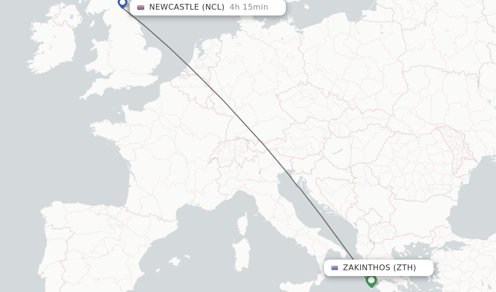 Flights from Zakinthos to Newcastle route map