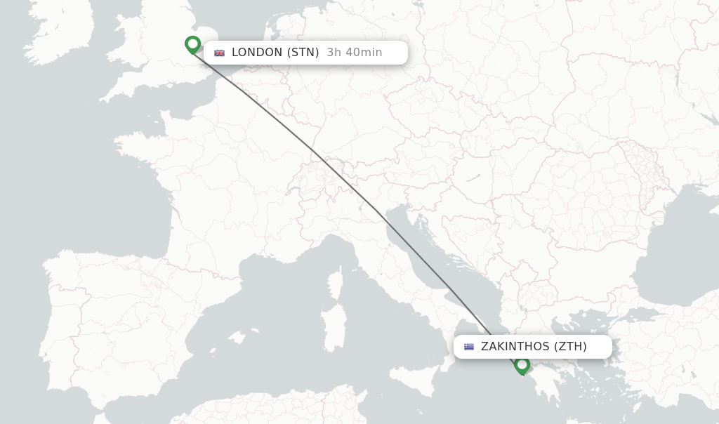 Flights from Zakinthos to London route map