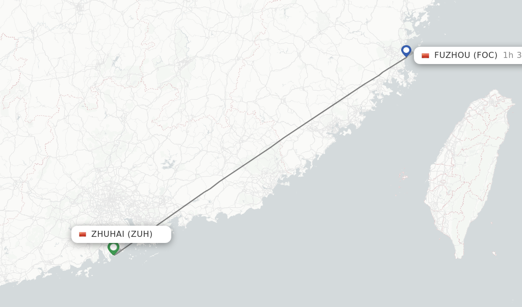 Flights from Zhuhai to Fuzhou route map