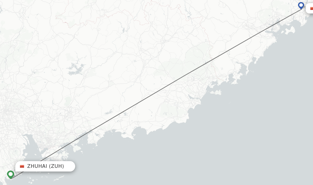 Flights from Zhuhai to Jinjiang route map