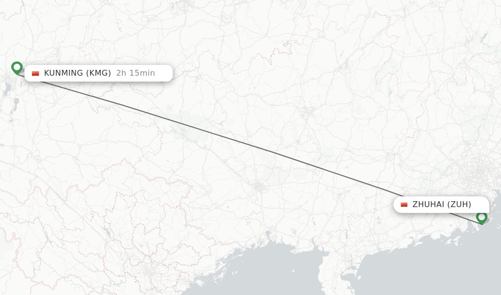 Flights from Zhuhai to Kunming route map
