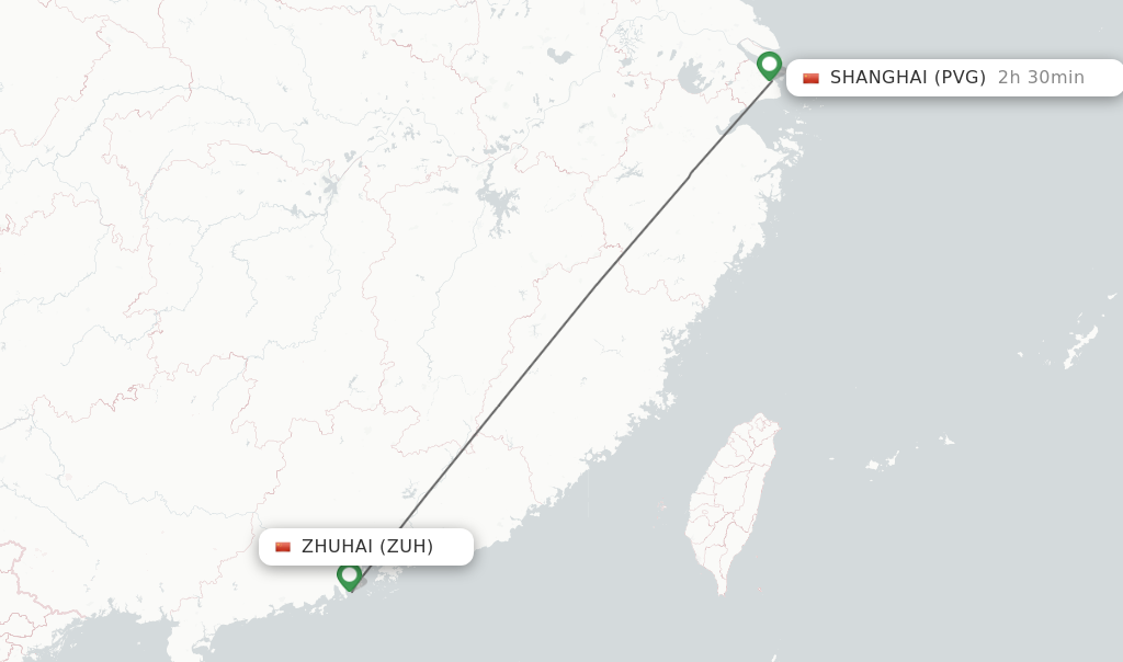 Flights from Zhuhai to Shanghai route map