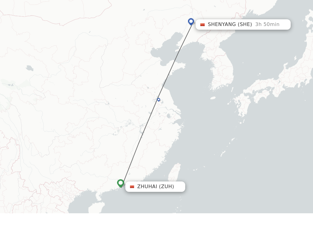 Flights from Zhuhai to Shenyang route map